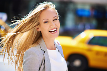 Image showing Businesswoman, portrait and city travel on road as corporate professional, office building or transportation. Female person, face and urban morning for street commute in New York, downtown or traffic