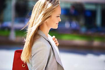 Image showing Businesswoman, city and career travel as corporate professional to office building, entrepreneur or commute. Female person, employee and New York company for urban walking, pedestrian or downtown