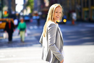 Image showing Designer, portrait and smile with urban, travel and commute for work or career. Woman, job and new york street with city, summer and happiness with confident and creative business walk in downtown