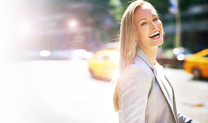 Image showing Laugh, portrait and happy businesswoman in city, urban and commute to work or office. Lens flare, smile and professional female lawyer, walk and travel on street to corporate law firm for legal job