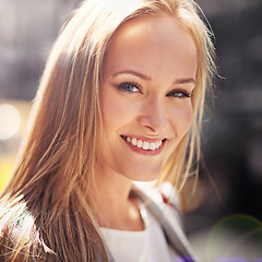 Image showing Woman, portrait and smile with closeup, bokeh and commute for work or career. Designer, job and new york street with urban, summer and happiness with confident or creative business travel in downtown