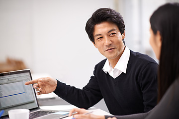 Image showing People, help and work on collaboration with laptop in Japanese business with teamwork and consultation. Project, ideas and asian man explain process on computer to person with support in conversation