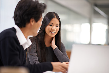 Image showing Business people, laptop and collaboration in office with Japanese staff and corporate team. Mentorship, tech and internet research for company project at a startup with consulting firm with planning