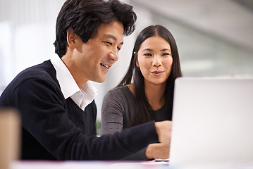 Image showing Laptop, asian business people and happy for teamwork on technology and online research on project. Japanese man, woman and working together in office in collaboration and web developer by computer