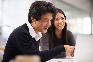 Image showing Laptop, asian business people and happy for collaboration on technology and online research on project. Japanese man, woman and working together in office for teamwork and web developer by computer