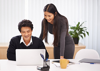 Image showing Mentor, help and teamwork on laptop in office with businessman learning from support of woman. Happy, manager and training asian man on computer with advice in collaboration or reading research