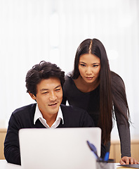 Image showing Mentor, support and teamwork on laptop in office with businessman learning from help of woman. Feedback, advice and manager training asian man on computer in collaboration and reading online research