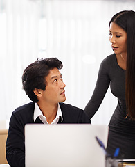 Image showing Mentor, support and help on laptop in office with businessman learning from woman or teamwork. Feedback, advice and manager training asian man on computer in collaboration and cooperation in Tokyo