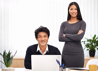 Image showing Portrait, corporate and business people in office with Japanese staff, employees and personnel for project. Professional, laptop and asian man and happy woman for teamwork, collaboration and planning