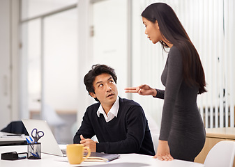 Image showing Laptop, problem and mentor in office for discussion with businessman learning from woman. Feedback, advice and training asian man on computer with mistake and error in online research project