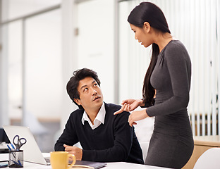 Image showing Mentor, advice and teamwork on laptop in office with businessman learning from support of woman. Feedback, help and manager training asian man on computer in collaboration and reading online research