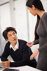 Image showing Laptop, advice and manager in office for discussion with businessman learning from woman. Feedback, help and mentor training asian man on computer with mistake and coaching in Tokyo with support