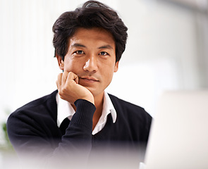 Image showing Serious, businessman and portrait of employee with laptop on desk working with internet online. Adult, Asian male person and staff in corporate company to research on website and social media