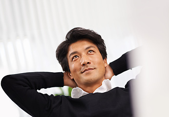 Image showing Happy, thinking and asian man relax in office with ideas for development of project or planning a future. Japanese, entrepreneur and person brainstorming a creative decision and solution for startup