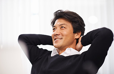 Image showing Happy, thinking and asian man relax in office with ideas for development of project or planning a future. Japanese, entrepreneur and person brainstorming a creative decision and solution in Tokyo