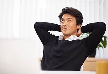 Image showing Work, thinking and asian man relax in office with ideas for development of project or planning a future. Japanese, entrepreneur and person brainstorming a creative decision and solution for startup