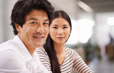 Image showing Couple, smile and portrait in studio for professional, career and corporate for job and style indoor on mockup. Coworkers, colleagues or asian people and happy with confidence for partnership