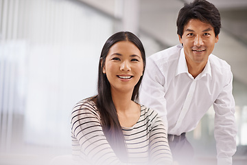 Image showing Portrait, professional and business people in office with Japanese staff, employees and personnel for project. Corporate, smile and asian man and woman for teamwork, collaboration and planning