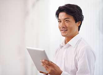 Image showing Tablet, corporate and asian businessman online for reading email, communication and internet research in office. Professional, technology and Japanese male employee for search, website and planning