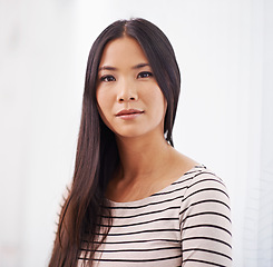 Image showing Confident, office and portrait of business Asian woman with pride, attitude and ambition for company. Creative startup, professional and person in workplace for career, job and working in Japan