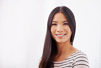 Image showing Asian girl, portrait and office for creative business as copywriter for company or agency. Japanese woman, smile and startup for project for workplace or job, editor and designer from Tokyo.