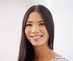 Image showing Asian girl, portrait and office for creative company as copy writer for marketing business or agency. Japanese woman, smile and startup for project for workplace, editor and designer from Tokyo.