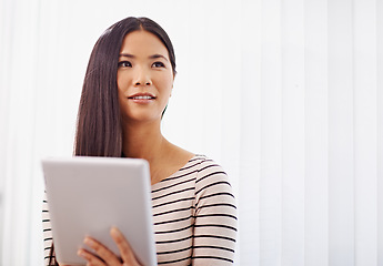 Image showing Asian woman, thinking and tablet for creative career in web development, information technology and thoughts for app. Japanese girl or designer, digital tech and internet for startup online website.