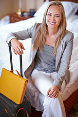 Image showing Luggage, business and portrait of happy woman in hotel for work trip, global conference or hospitality. Accommodation, professional worker and person with suitcase in bedroom for career, work and job