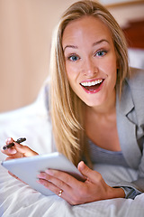 Image showing Tablet, excited and portrait of business woman online for website, social media or networking. Hotel room, remote work and happy person on digital tech for contact, research and internet on trip