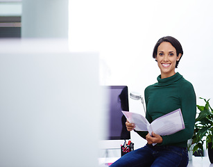 Image showing Woman, office and document with smile in computer for business or worker contract at work as hr employee. Portrait, female person and paperwork in desk with folder for company policy and law.