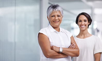 Image showing Business people, leader and smile in portrait at office for trust, support and arms crossed at sales agency. Management, team and corporate group together, happy and confidence with mentor or expert