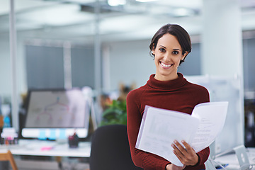 Image showing Woman, office and paperwork with smile in confidence for business or worker contract at work as hr manager. Portrait, female person and document in happiness with folder for company policy and law.