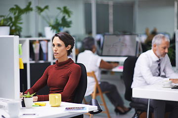 Image showing Woman, office and computer for online research at work in internet for website creation as graphic designer. Female person, people and pc for business or publishing in media for deadline and creative