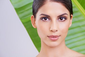 Image showing Face, woman and beauty with palm leaf, makeup and natural skincare with dermatology on white background. Organic, nature and eco cosmetics in portrait, clean with wellness and sustainable treatment