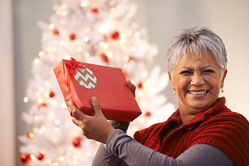 Image showing Senior woman, portrait and gift for Christmas, happiness with box and celebrate holiday at home. Festive season, decoration and present with smile on face, package or parcel with xmas surprise