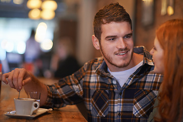 Image showing Couple, happiness and man on date at cafe for bonding, drinks and healthy relationship with relax. Person, woman and romance at coffee shop with smile, beverage and anniversary vacation in New York