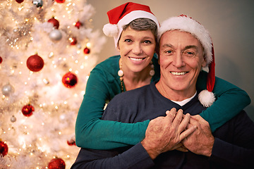 Image showing Christmas, portrait and senior couple with love, care and support together in a home on holiday. Tree, retirement and marriage with a smile and hug in a house with celebration and santa hat with joy