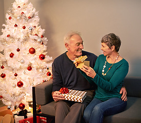 Image showing Christmas, gift and senior couple with love, holiday giving and support together in home with romance. Happy, retirement and marriage with smile and hug in house with celebration and presents