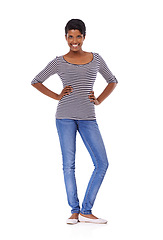 Image showing Indian woman, fashion and smile in studio portrait with confidence, pride and jeans by white background. Girl, person and cool model with edgy denim, shirt and happy with trendy with casual style