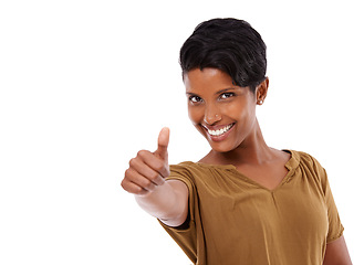 Image showing Smile, thumbs up or portrait of woman in studio isolated on white background for feedback and review mockup. Sign language, okay or happy person with like gesture, agreement or yes icon for space