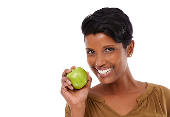 Image showing Woman, portrait and happiness in studio with apple for nutrition, healthy diet and wellness on white background. Nutritionist, indian person and fruit for vitamin c, fiber and lose weight with mockup