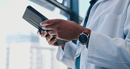 Image showing Hands, tablet and doctor in hospital for online consulting, telehealth or wellness on information technology. Person, healthcare medicine or nurse on internet, clinic research or patient data