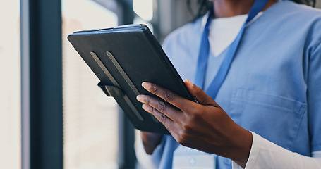 Image showing Hands, tablet and nurse in clinic for online consulting, telehealth or wellness on information technology. African person, healthcare or medical study on internet, hospital research and window