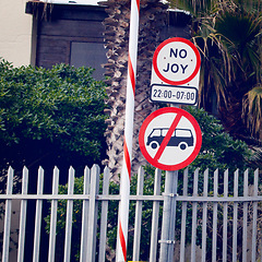 Image showing Road sign, city and urban parking with funny mistake for humor, joke and comic text for soup in neighborhood. Asphalt, error and signage with writing, language and no joy with warning in Cape Town
