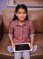 Image showing Tablet, search and portrait of girl on a sofa with google it, gaming or sign up at home. Digital, face and kid person in living room online for streaming, video or cartoon, film or Netflix and chill