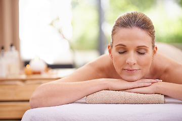 Image showing Girl, massage or relax at spa, wellness or holistic as peace, natural or therapy in self care. Woman, towel or zen in detox, balance or cosmetology at bodycare, clinic or retreat at luxury resort