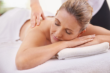 Image showing Happy woman, relax and back massage with masseuse at spa for zen, wellness or peace at hotel or resort. Calm female person sleeping in beauty or asleep for peaceful relaxation or salon treatment