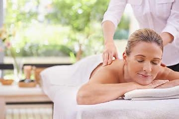 Image showing Woman, hands and spa with massage therapist for wellness peace or stress relief at zen resort, calm or vacation. Female person, eyes closed and comfortable for healthy skincare, treatment or luxury