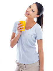 Image showing Woman, portrait and orange smoothie in studio, nutrition and smile for taste on white background. Happy female person, balanced diet and milkshake for weight loss or detox, minerals and organic fiber
