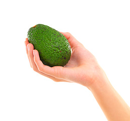 Image showing Nutrition, fruit and hand in studio for healthy diet, wellness and vitamin c on white background. Avocado, green and holding for delicious ingredients, organic food and vegetarian meal with mockup